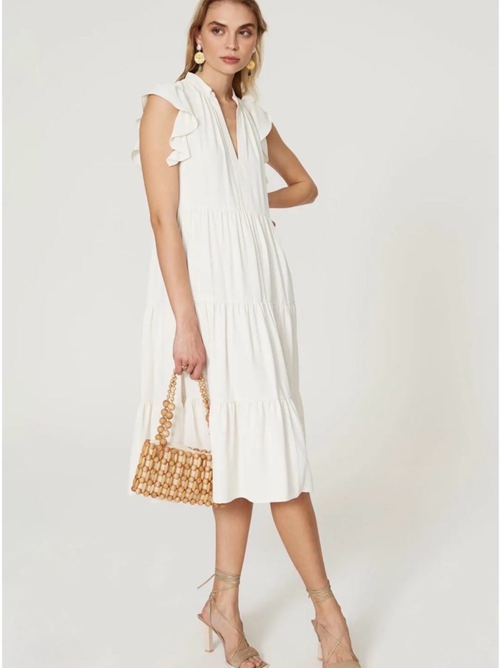Amanda Uprichard Sheradin Ivory Tiered Midi Dress Flutter Sleeves Women’s Small